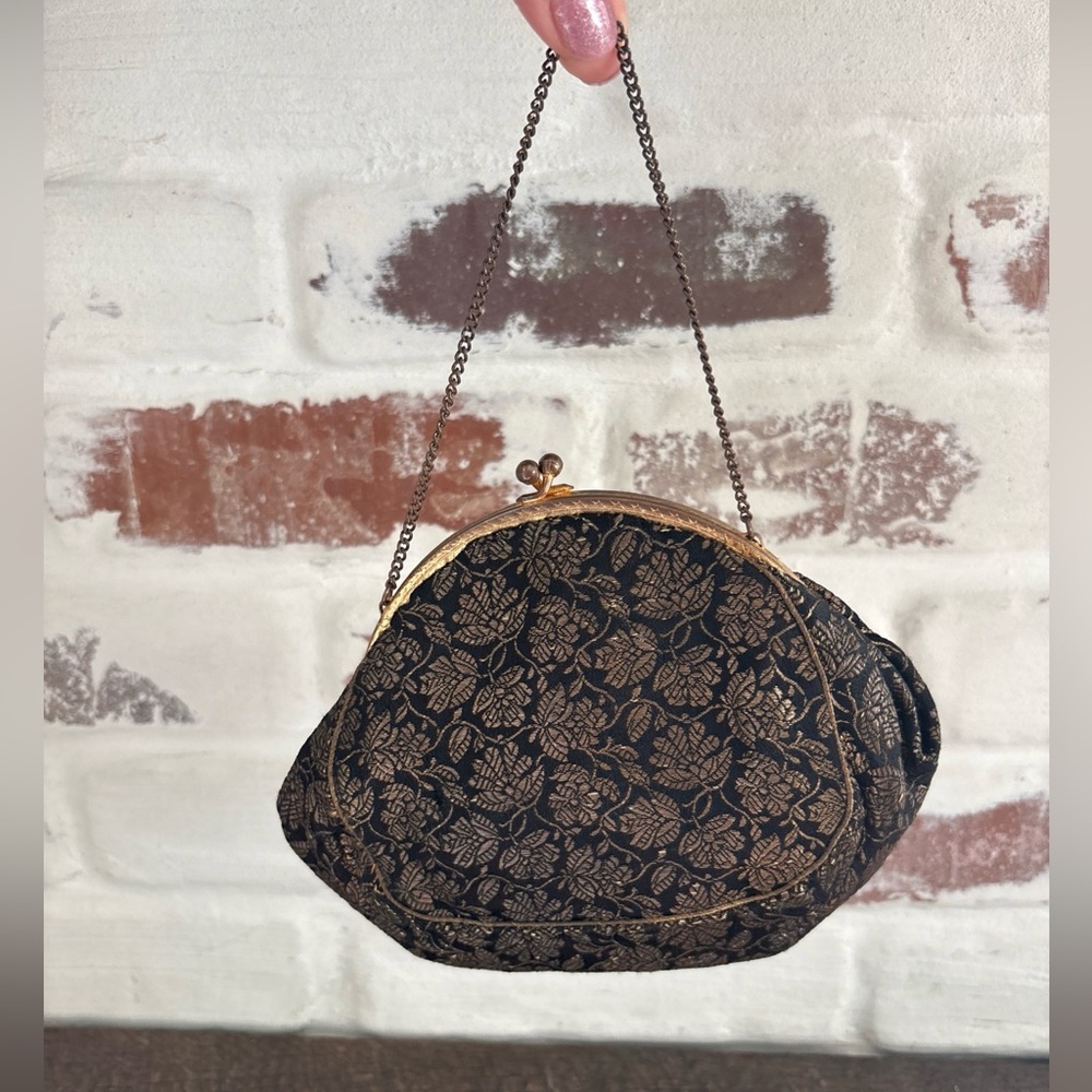 VTG Black & Gold Floral Brocade Evening Bag Elegant Regency Clutch Purse France